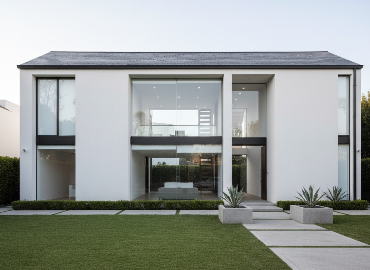 A modern, architect-designed residential house with smooth white stucco walls, expansive glass windows, and a charcoal slate roof, positioned on a manicured lawn bordered by trimmed hedges. The setting features clean concrete walkways and subtle landscaping elements, such as minimalist stone planters. Bathed in crisp, natural daylight with gentle side illumination, creating soft highlights on the glass and gentle shadows along the facade. The mood is calm and welcoming, emphasizing trust and security. Captured from an eye-level perspective with a centered composition and balanced layout, sharp details throughout. The photographic realism and neutral tones reinforce a professional yet approachable real estate aesthetic, aligning with the premium quality of homes offered in Nuevo León.