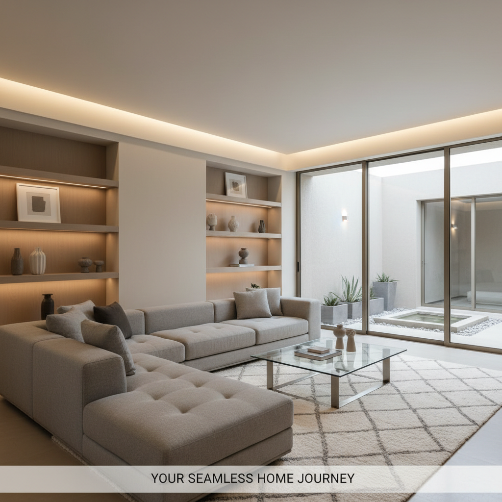 A sophisticated living room interior in Nuevo León style, with neutral beige and grey furnishings, a low-profile modular sofa, a geometric glass coffee table atop a textured woolen rug, and built-in recessed shelving. Large sliding glass doors open onto a small, private courtyard with subtle landscaping. Soft ambient lighting from concealed LED strips highlights the room's structured symmetry and clean lines. The mood is composed and serene, indicating a secure environment for families. Captured at an eye-level angle with a rule-of-thirds composition, the photographic realism and meticulously balanced colors present a modern corporate feel that reinforces the site’s commitment to seamless home buying.