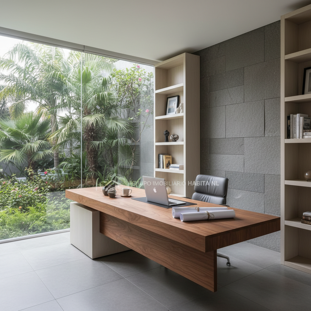 A sleek, contemporary home office interior featuring a built-in wood desk with a matte finish, neutral-toned shelving systems, and an elegant grey stone accent wall. The workspace is orderly, with neat stacks of architectural blueprints and a closed silver laptop. Floor-to-ceiling windows frame a view of lush, private greenery, allowing diffused daylight to softly illuminate every surface, reducing harsh shadows. The atmosphere is structured and efficient, projecting reliability. Shot from a slightly elevated angle for optimal layout balance, with the depth of the room in sharp focus. The clean, corporate photographic style and minimalist lines reflect the personalized and professional guidance offered to home buyers by Grupo Inmobiliario Habita NL.