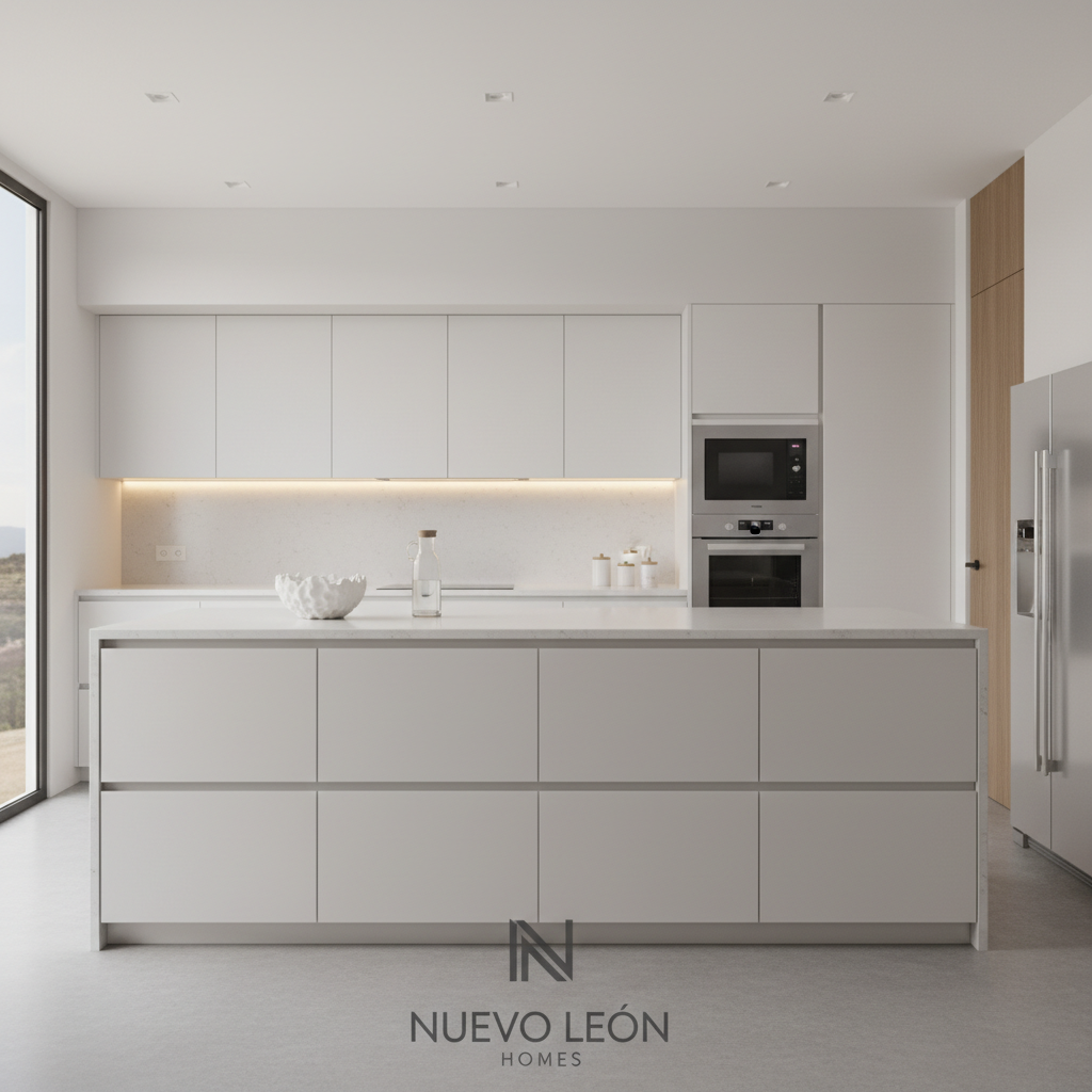 A minimalist, professionally staged kitchen with sleek matte white cabinetry, soft-close drawers, and a large central island topped with pale quartz. Integrated stainless steel appliances and a subtle strip of under-cabinet LED lighting ensure even, shadow-free illumination highlighting the workspace. The setting is uncluttered, with only a sculptural bowl and a glass carafe displayed on the counter. The mood is inspiring yet highly functional, conveying ease and clarity in the home buying process. Captured from a wide, slightly elevated angle with sharp, balanced composition, the image features clean lines and neutral colors for a consistently professional, corporate aesthetic suitable for a high-end Nuevo León real estate brand.