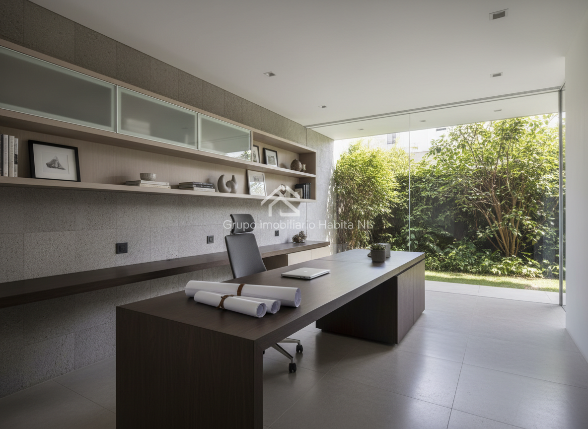 A sleek, contemporary home office interior featuring a built-in wood desk with a matte finish, neutral-toned shelving systems, and an elegant grey stone accent wall. The workspace is orderly, with neat stacks of architectural blueprints and a closed silver laptop. Floor-to-ceiling windows frame a view of lush, private greenery, allowing diffused daylight to softly illuminate every surface, reducing harsh shadows. The atmosphere is structured and efficient, projecting reliability. Shot from a slightly elevated angle for optimal layout balance, with the depth of the room in sharp focus. The clean, corporate photographic style and minimalist lines reflect the personalized and professional guidance offered to home buyers by Grupo Inmobiliario Habita NL.